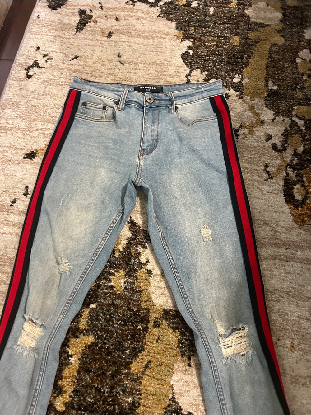 Light Wash Skinny Jeans with Red & Black Side Stripes